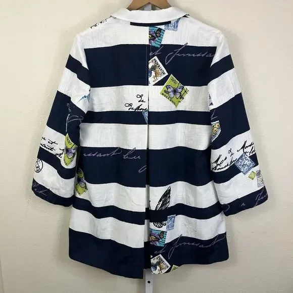 NWT CHICO'S Postcard Striped Jacket Size 2/L Large Stamp Navy Blue White Pockets - Picture 3 of 5